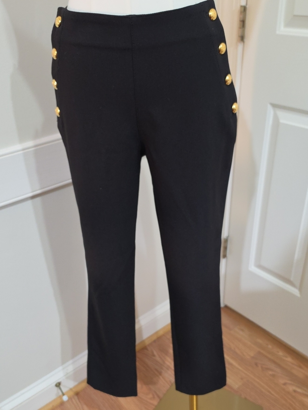Zara High-Waisted Cropped Flare Sailor Pants with Gold Buttons - Black - Size S